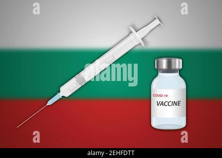 Seringue et flacon de vaccin sur fond flou avec drapeau bulgare, gabarit pour la bannière de vaccination Illustration de Vecteur