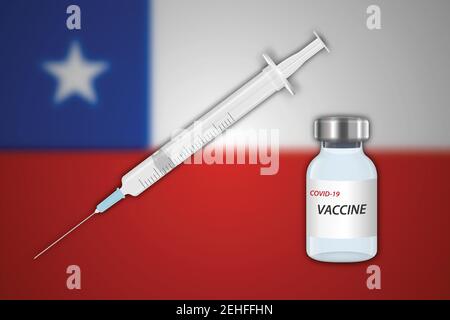 Seringue et flacon de vaccin sur fond flou avec drapeau chilien, gabarit pour la bannière de vaccination Illustration de Vecteur