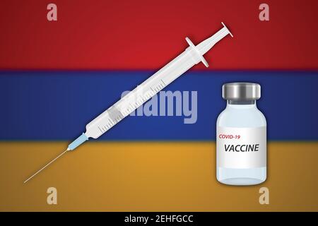 Seringue et flacon de vaccin sur fond flou avec drapeau arménien, gabarit pour la bannière de vaccination Illustration de Vecteur