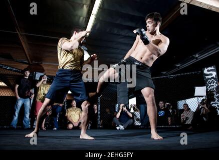 Lyoto Machida, chasseur de l'UFC, à droite, lors d'une séance d'entraînement au Black House Gym à Gardena, en Californie, le 20 octobre 2009. Francis Specker Banque D'Images