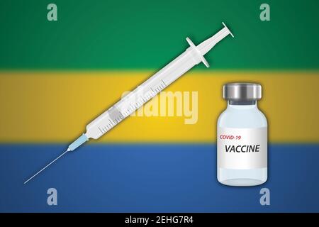 Seringue et flacon de vaccin sur fond flou avec drapeau du Gabon, gabarit pour la bannière de vaccination Illustration de Vecteur