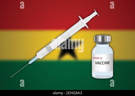 Seringue et flacon de vaccin sur fond flou avec drapeau du Ghana, gabarit pour la bannière de vaccination Illustration de Vecteur