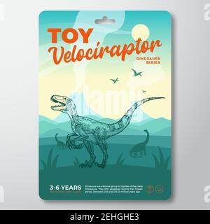 Modèle d'étiquette de dinosaure de jouet. Résumé Vector Packaging Design Layout. Typographie moderne avec paysage de volcan préhistorique et Velociraptor dessiné à la main Illustration de Vecteur