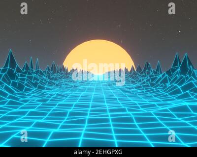 Arrière-plan abstrait des années 80 numériques. Arrière-plan de la fête de danse rétro. Paysage futuriste de la cyber. Images de rendu 3D Banque D'Images