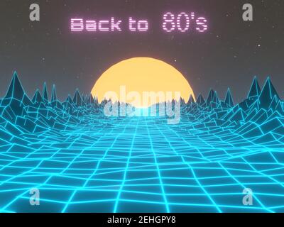 Arrière-plan abstrait des années 80 numériques. Arrière-plan de la fête de danse rétro. Paysage futuriste de la cyber. Images de rendu 3D Banque D'Images