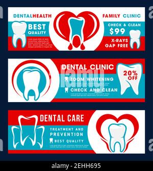 Bannière d'offre de rabais de clinique dentaire pour le traitement médical de la dentisterie. Prospectus promotionnel de soins dentaires pour les soins dentaires, le nettoyage des dents et les soins des dents Illustration de Vecteur