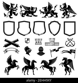 Animaux héraldiques et éléments de conception pour le manteau ou les bras et modèle d'insigne. Bouclier médiéval, chevalier et drapeau, griffin, pegasus et bannière de ruban, remorquage Illustration de Vecteur