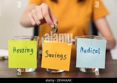 logement, médical avec le papier-note d'économie collé sur la bouteille avec des pièces à l'intérieur, jeune femme utilise une calculatrice et plan revenu et dépenses divisées Banque D'Images