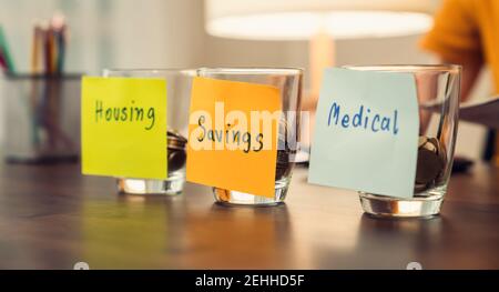 logement, médical avec le papier-note d'économie collé sur la bouteille avec des pièces à l'intérieur, jeune femme utilise une calculatrice et plan revenu et dépenses divisées Banque D'Images