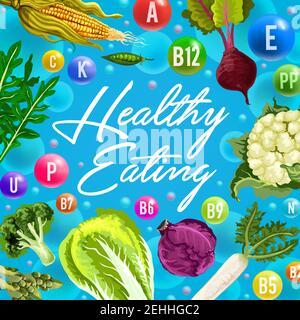 Affiche sur la vitamine et l'alimentation saine avec des légumes frais et des boules de multivitamine. Chou, brocoli et radis, chou-fleur, maïs et asperges avec Illustration de Vecteur