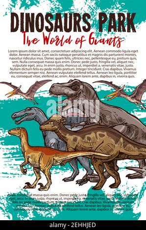 Bannière du parc d'aventure dinosaures avec croquis dino. Tyrannosaurus rex, velociraptor et pterodactyl, stegosaurus et corythosaurus jurassique préhistorique Illustration de Vecteur