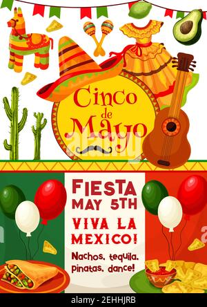 Invitation à la fête Cinco de Mayo et Viva Mexico fiesta. Vacances mexicaines cuisine traditionnelle, boissons, Chili et piment jalapeno, somarero, maracas et cuntik Illustration de Vecteur