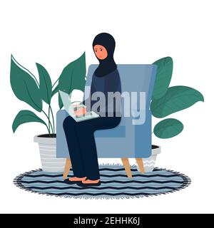 Musulmane, femme arabe assise et travaillant avec un ordinateur portable dans des vêtements traditionnels hijab. Formation en ligne, concept indépendant, lieu de travail confortable isolé sur fond blanc. . Illustration vectorielle Illustration de Vecteur