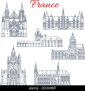 Monuments architecturaux français et célèbres bâtiments historiques aux lignes fines. Façades vectorielles de la cathédrale Saint Auban de Guérande et Etienne en Californie Illustration de Vecteur