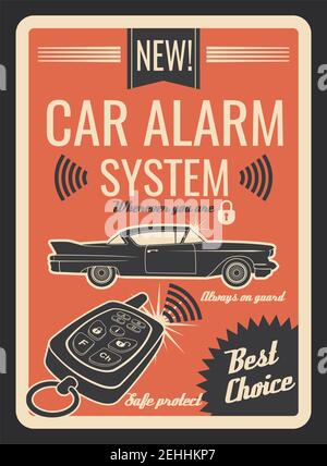 Affiche rétro de sécurité d'alarme de voiture pour le modèle d'atelier de réparation automobile ou de service de voiture. Automobile avec clé et serrure pour télécommande bannière vintage pour vehic Illustration de Vecteur
