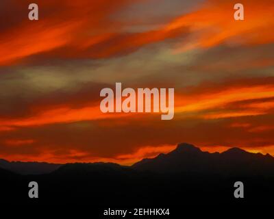 Peinture numérique du coucher de soleil sur les montagnes de Langeberg, Afrique du Sud. Banque D'Images