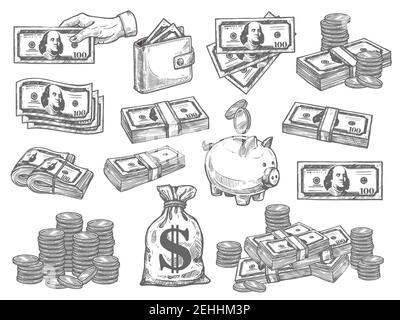 La finance et l'argent se sont développés à la main. Ensemble vectoriel à motif plat avec pièces de monnaie, dollars, portefeuille et banque de porc. Jeu de vecteurs d'argent papier. Jeu d'icônes argent et pièce. Illustration de Vecteur