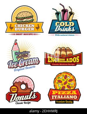 Des icônes de restauration rapide pour le bar-bistro du cinéma ou le menu d'en-cas du restaurant fastfood. Ensemble vectoriel de hamburgers de poulet, boissons gazeuses froides ou crème glacée et de quench mexicain Illustration de Vecteur