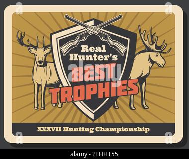 Affiche rétro du championnat de chasse ou du club de chasseurs portant le trophée des animaux sauvages. Vector vintage design de wapiti ou de cerf avec des bois et des fusils croisés ou ca Illustration de Vecteur