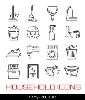 Icônes de la ligne fine du nettoyage domestique et domestique. Ensemble de symboles vectoriels de lave-linge, d'aspirateur ou de lave-vaisselle et de cuisinière avec savon détergent, eau Illustration de Vecteur