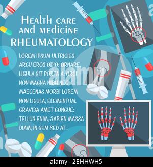 Affiche médicale de rhumatologie avec radiographie des os et des articulations humains. Rhumatologue médecin, pilule et seringue, rayons X pour les mains, les jambes et les genoux, béquilles et onguent f Illustration de Vecteur