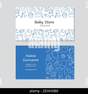 Carte de visite tirée à la main avec des choses pour bébé, jouet, hochet, lait bootle, vêtements. Style d'esquisse Doodle. Illustration pour magasin de bébé, modèle de conception de carte de visite de magasin pour enfants. Illustration de Vecteur
