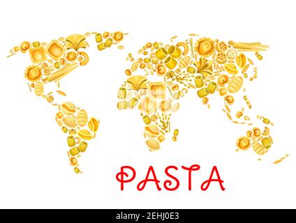 Affiche « Pasta in World » pour la cuisine traditionnelle italienne. Vector Italie pâtes lasagne ou spaghetti et tagliatelle, ravioli ou pappardelle et Illustration de Vecteur