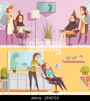 Salon de coiffure service 2 bannières horizontales de dessin animé rétro ensemble avec styling découpage traitements de coloration illustration vectorielle isolée Illustration de Vecteur