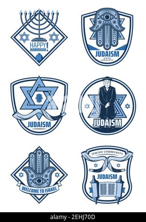 Icônes de la tradition israélienne de la menorah juive, livre hébraïque de la torah, étoile de David et hamsa badges à main avec bannière de ruban. Symboles de religion du judaïsme, Hanoukka Illustration de Vecteur