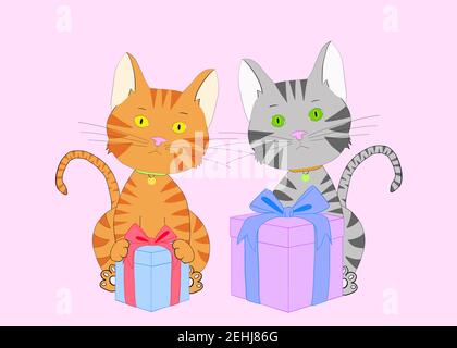 Illustration d'un tabby orange et d'un chaton gris tabby assis derrière des boîtes de cadeau colorées avec des noeuds sur un fond rose, regardant directement Banque D'Images