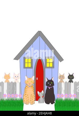 Dessin Anime A La Main Illustration D Une Famille De Chats De Parents De Peres Et D Enfants A L Exterieur D Une Maison Pittoresque Bleue Et Grise Avec Cloture En Bois Herbe Verte Et Fleurs