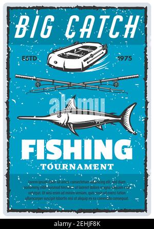 Affiche rétro de tournoi de pêche pour le sport professionnel des pêcheurs. Vector vintage design de grand maklin, barre de poisson et bateau gonflable avec pagaies sur bl Illustration de Vecteur