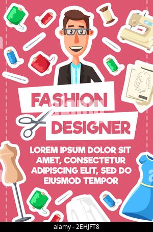 Affiche de créateur de mode ou de profession sur mesure avec icônes d'atelier et d'outil de couture. Couturière avec machine à coudre, fil et aiguille, tissu, mannequin A. Illustration de Vecteur