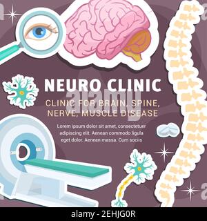 Affiche de la clinique Neuro ou de la médecine neurologique pour les maladies du cerveau, de la colonne vertébrale ou des nerfs et des muscles. Conception vectorielle de tomographie ou scanner IRM, cellules neurales, etc Illustration de Vecteur