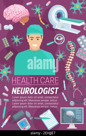 Affiche de la clinique de neurologie ou neurologue. Conception vectorielle des traitements de neurologie médecine et chirurgie articles de médecin pour la tomographie du cerveau de l'IRM Illustration de Vecteur