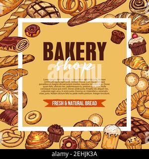 Affiche boulangerie et pâtisserie avec pain frais. Pain long, baguette et croissant, gâteau, petit pain et cupcake à la cannelle, beignet, bagel et tarte Illustration de Vecteur