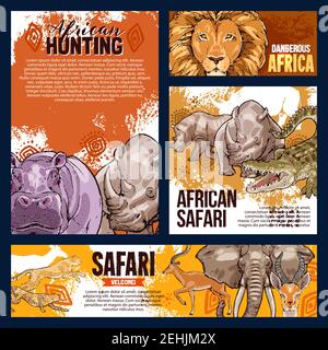 Banderoles et affiches pour la chasse au safari africain pour la saison ouverte ou l'aventure de chasse. Animaux sauvages vectoriels en Afrique savane lion, éléphant ou crocodile Illustration de Vecteur