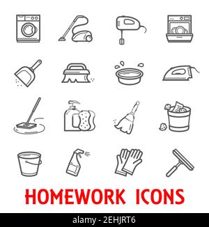 Icônes de ménage et de devoirs pour le nettoyage et le lavage à la maison. Ensemble vectoriel de balai à franges, aspirateur ou fer et machine à laver avec lave-vaisselle de cuisine Illustration de Vecteur