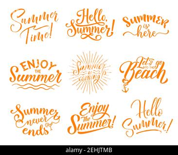 Hello Summer – jeu d'icônes de lettres dessinées à la main pour le motif de carte de vœux. Vacances d'été célébration calligraphie texte avec faisceau de soleil, vague d'eau de mer Illustration de Vecteur