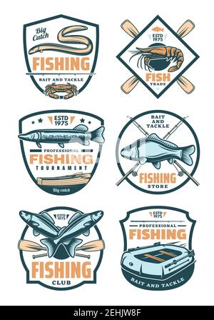 Badges rétro pour sports de pêche pour club de sport, commerce du poisson, magasin de pêche et conception de tournois. Prises de poissons, appâts de pêcheurs et attaquez des boucliers vintage, déc Illustration de Vecteur