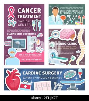 Affiches et bannières de la clinique de cardiologie, de neurologie ou d'urologie et de néphrologie. Conception médicale vectorielle pour la chirurgie cardiaque, le traitement du cancer et le spi neural Illustration de Vecteur