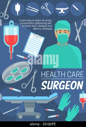 Médecin chirurgien et soins de santé. Équipement médical vectoriel, boîte de sang, table d'opération chirurgicale, gants et outils métalliques, scalpel et lampe, syrine stérile Illustration de Vecteur