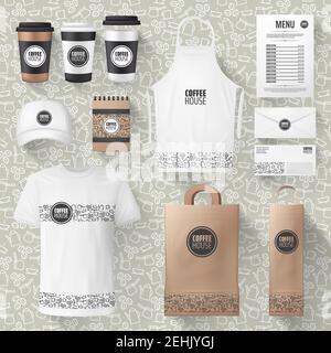 Maquettes de marchandises et de matériel publicitaire pour le café ou la cafétéria. Tasse à café Vector 3D, t-shirt et casquette, sac ou tablier en papier et sac à main Illustration de Vecteur