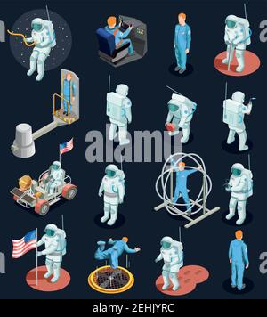 Astronaute isométrique personnes ensemble de personnages humains isolés avec des espaces illustration vectorielle de divers systèmes spatiaux et appareils d'exercice Illustration de Vecteur