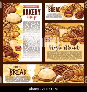 Affiche de croquis et bannières de pain de la boulangerie. Dessin vectoriel de pain de blé ou de seigle et pâtisserie ou pâtisserie croissant, bagel et tarte au chocolat ou Illustration de Vecteur