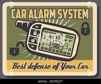 Affiche rétro du système d'alarme de voiture pour la sécurité automatique et le contrôle de la défense. Vector Vintage grunge design de la clé de verrouillage numérique de voiture pour le transport servic Illustration de Vecteur