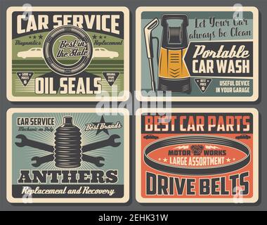 Ensemble de bannières vintage pour le service de voiture. Réparation automobile, atelier de pièces automobiles et d'huile moteur, centre de lavage automobile et garage mécanique. Pièces de rechange pour automobiles rétro, clé a Illustration de Vecteur