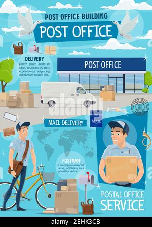 Bureau de poste et livraison du courrier. Service de poste, transport de poste et poste au travail dans le bâtiment de poste, Vector. Mailman avec sac et bicky Illustration de Vecteur