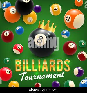 Tournoi de billard, Vector. Boules de billard en couronne d'or sur table verte, sport passe-temps. Annonce du tournoi de snooker pour l'équipe de billard cham Illustration de Vecteur