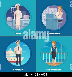 Paquebot de croisière yacht équipage personnages 4 icônes de dessin animé carré avec illustration vectorielle isolée radioman capitaine cook Illustration de Vecteur